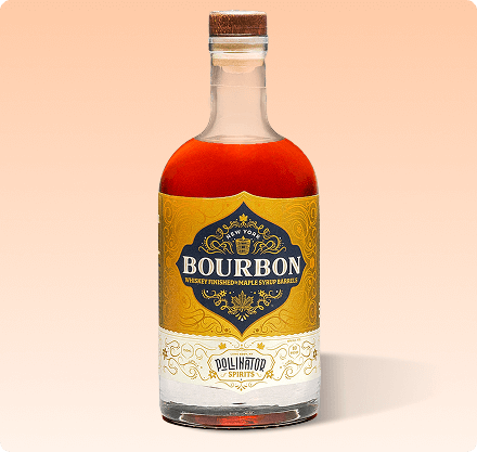 A bottle of Pollinator Bourbon whiskey with a gold and navy label, displaying the brand name and the word 'Bourbon' in elegant typography.