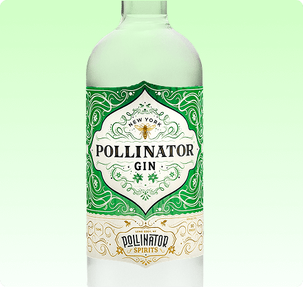 A bottle of Pollinator Gin with a green and white label, featuring the brand name and the words 'New York' and 'Pollinator Spirits'.