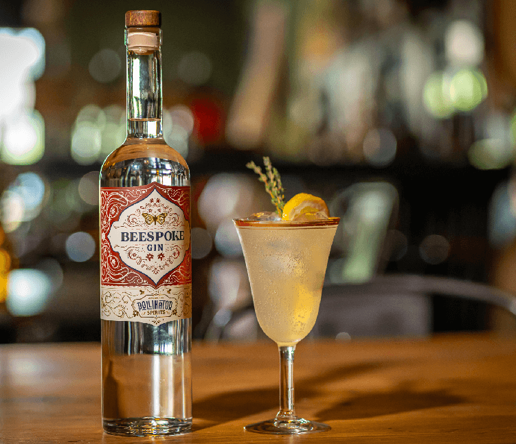 New York craft Beespoke Gin bottle with signature cocktail. Elegant and floral
