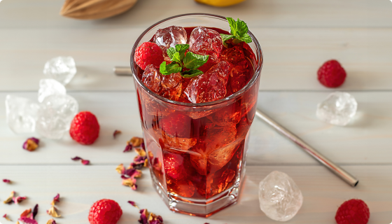 Berry Buzz Cocktail with fresh berries, mint, and sparkling water served over ice