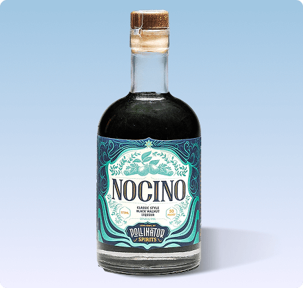 A bottle of Nocino liqueur with a green tint and a label that includes the brand name and 'Pollinator Spirits'.